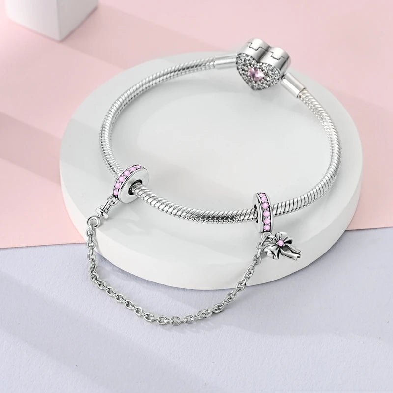 Pink Charms Original 925 Sterling Silver Heart Bow Perfume Bottle Charms Beads Pendants Fit Bracelet DIY Women Jewelry Making