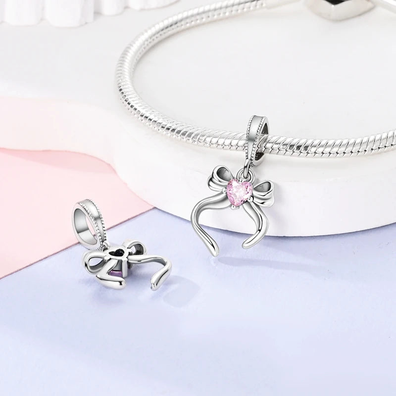 Pink Charms Original 925 Sterling Silver Heart Bow Perfume Bottle Charms Beads Pendants Fit Bracelet DIY Women Jewelry Making