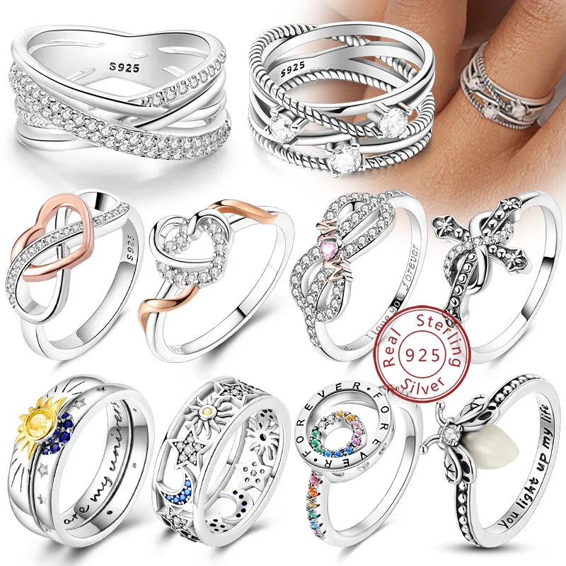 Rings Original 925 Sterling Silver Rings Bow Heart Sun Moon Star Zircon Rings For Women Jewelry Birthday Anniversary Gifts
