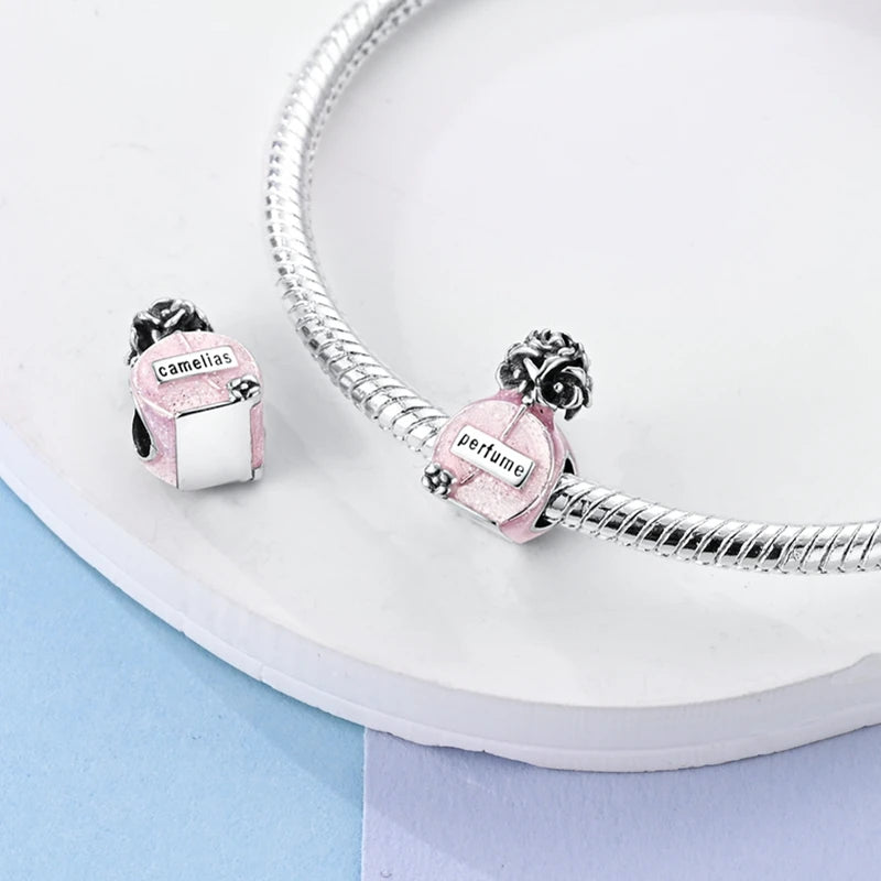 Pink Charms Original 925 Sterling Silver Heart Bow Perfume Bottle Charms Beads Pendants Fit Bracelet DIY Women Jewelry Making