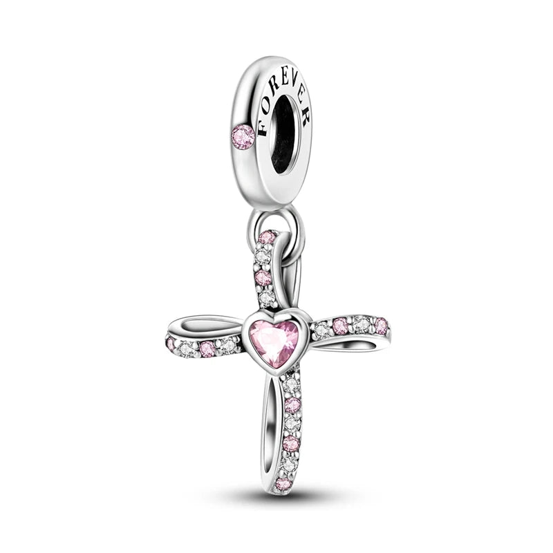 Pink Charms Original 925 Sterling Silver Heart Bow Perfume Bottle Charms Beads Pendants Fit Bracelet DIY Women Jewelry Making