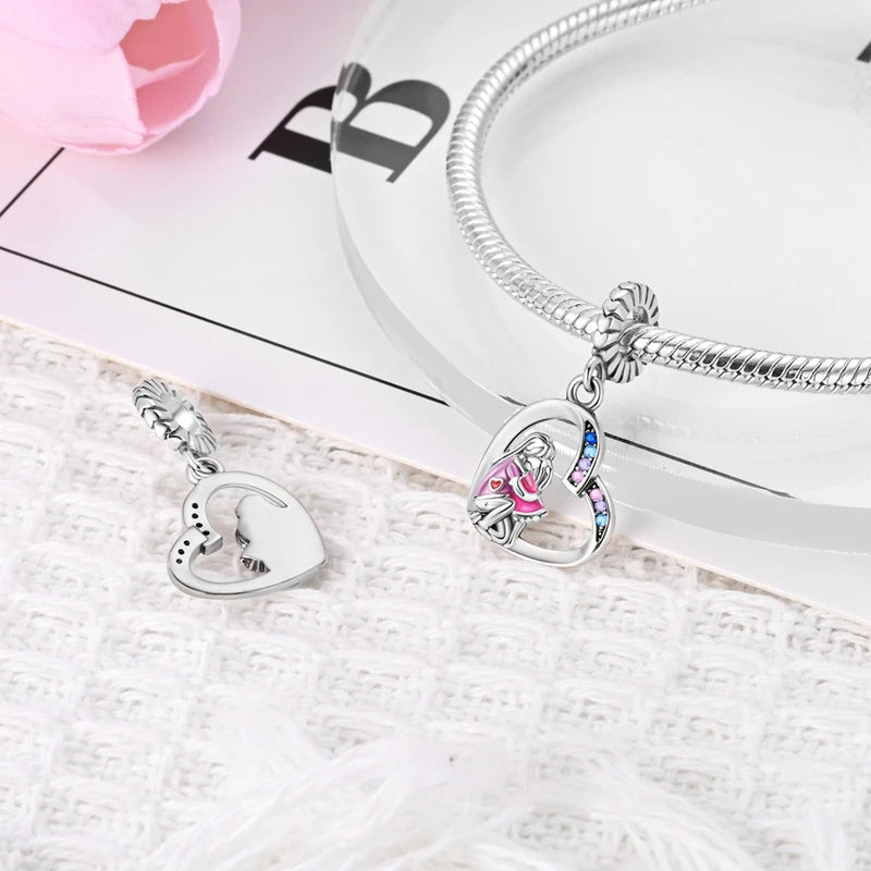 Pink Charms Original 925 Sterling Silver Heart Bow Perfume Bottle Charms Beads Pendants Fit Bracelet DIY Women Jewelry Making