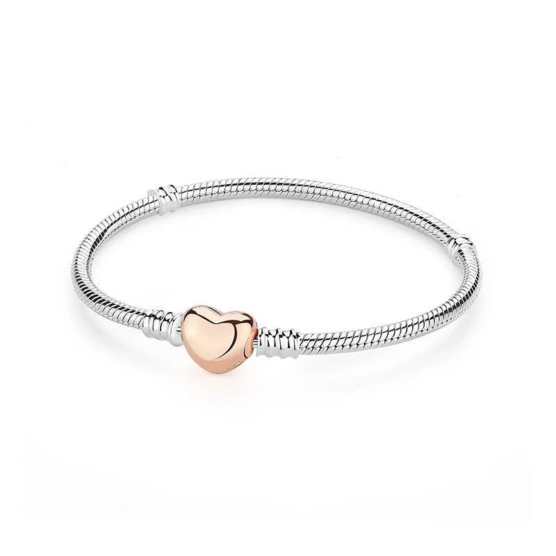 Original 925 Sterling Silver Bracelets Bangles Love Heart Clip Charms Beads Snake Chains For Women Rose Gold DIY Luxury Jewelry