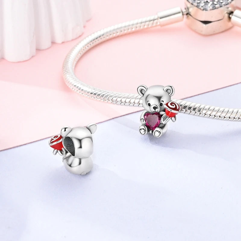 Pink Charms Original 925 Sterling Silver Heart Bow Perfume Bottle Charms Beads Pendants Fit Bracelet DIY Women Jewelry Making