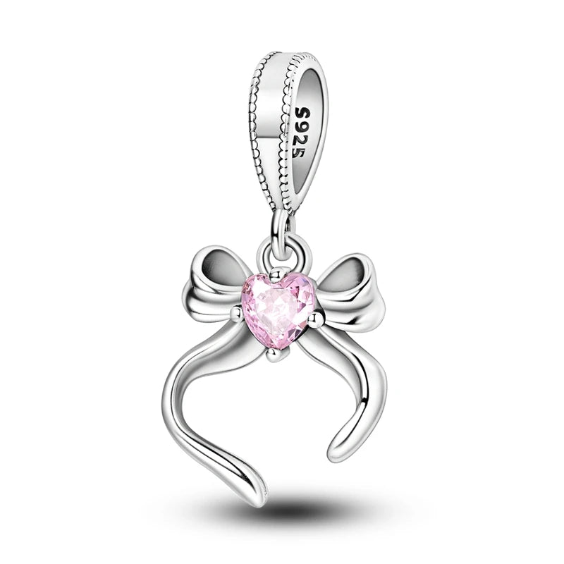 Pink Charms Original 925 Sterling Silver Heart Bow Perfume Bottle Charms Beads Pendants Fit Bracelet DIY Women Jewelry Making